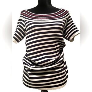 NY Collection Striped Knit Sweater | Navy, Hot Pink, and White (L)